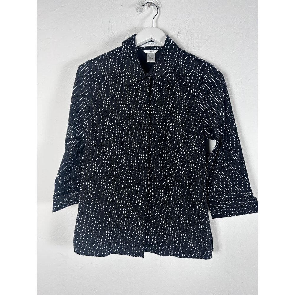Geoffrey Beene Sport Women Black/White Dotted Blouse Top Shirt Large Stretch New